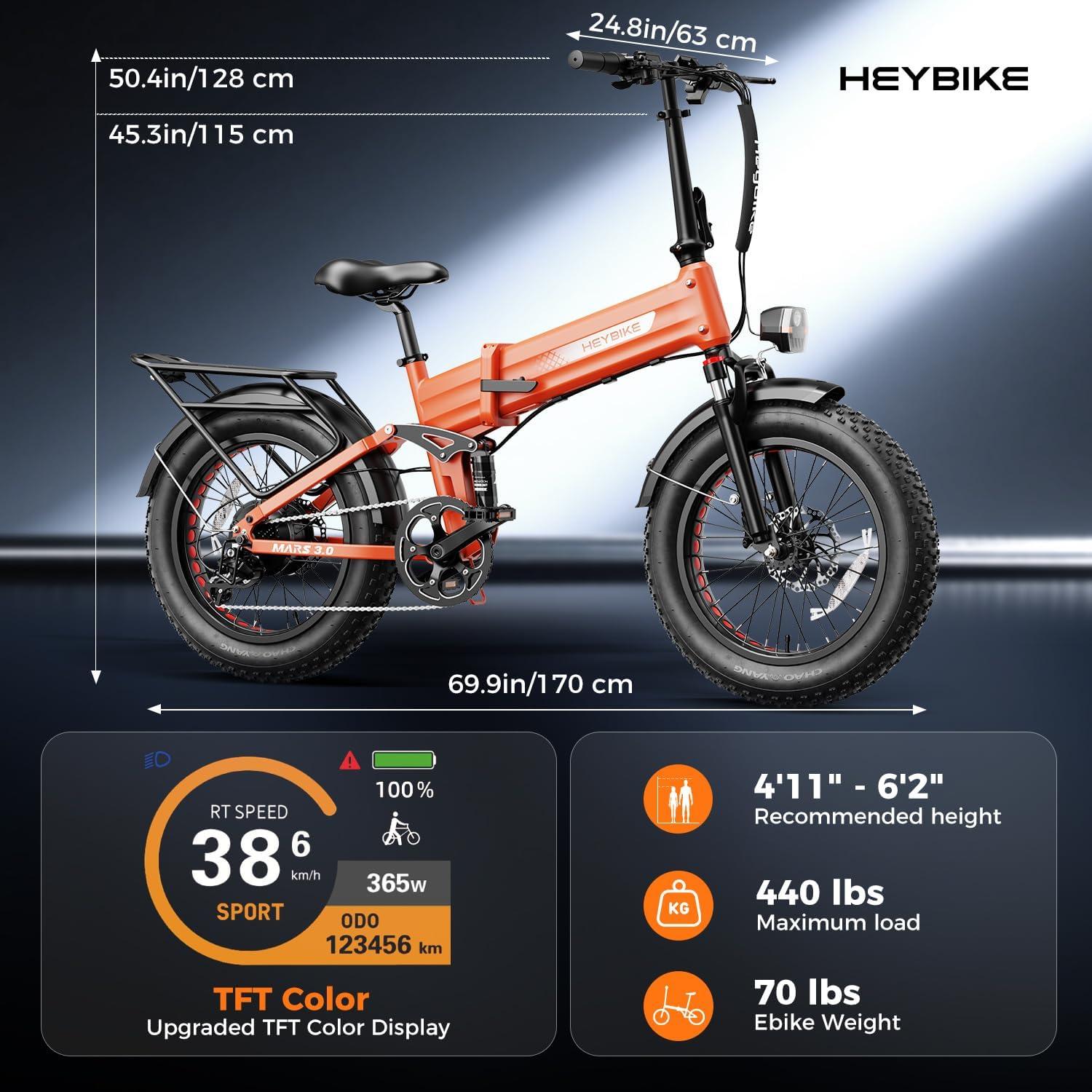 Heybike Mars 2.0/3.0 Foldable Electric Bike, UL2849 Certified, 70+Miles Long Range, 1400W/1800W Peak Motor 32MPH, 624WH Removable Battery, 20″*4 Fat Tire Ebike for Snow, Commute, Full Suspension(Flame Orange)