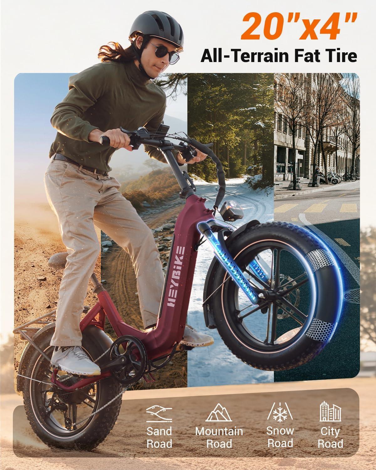 Heybike Ranger 20″x4.0″ Fat Tire Folding Electric Bike for Adults, 1200W/1800W Peak Motor, 28/32MPH, up to 55/90 Miles Range, UL2849 Certified Removable Battery for Commute Beach Mountain Snow E Bike(Dark Red)