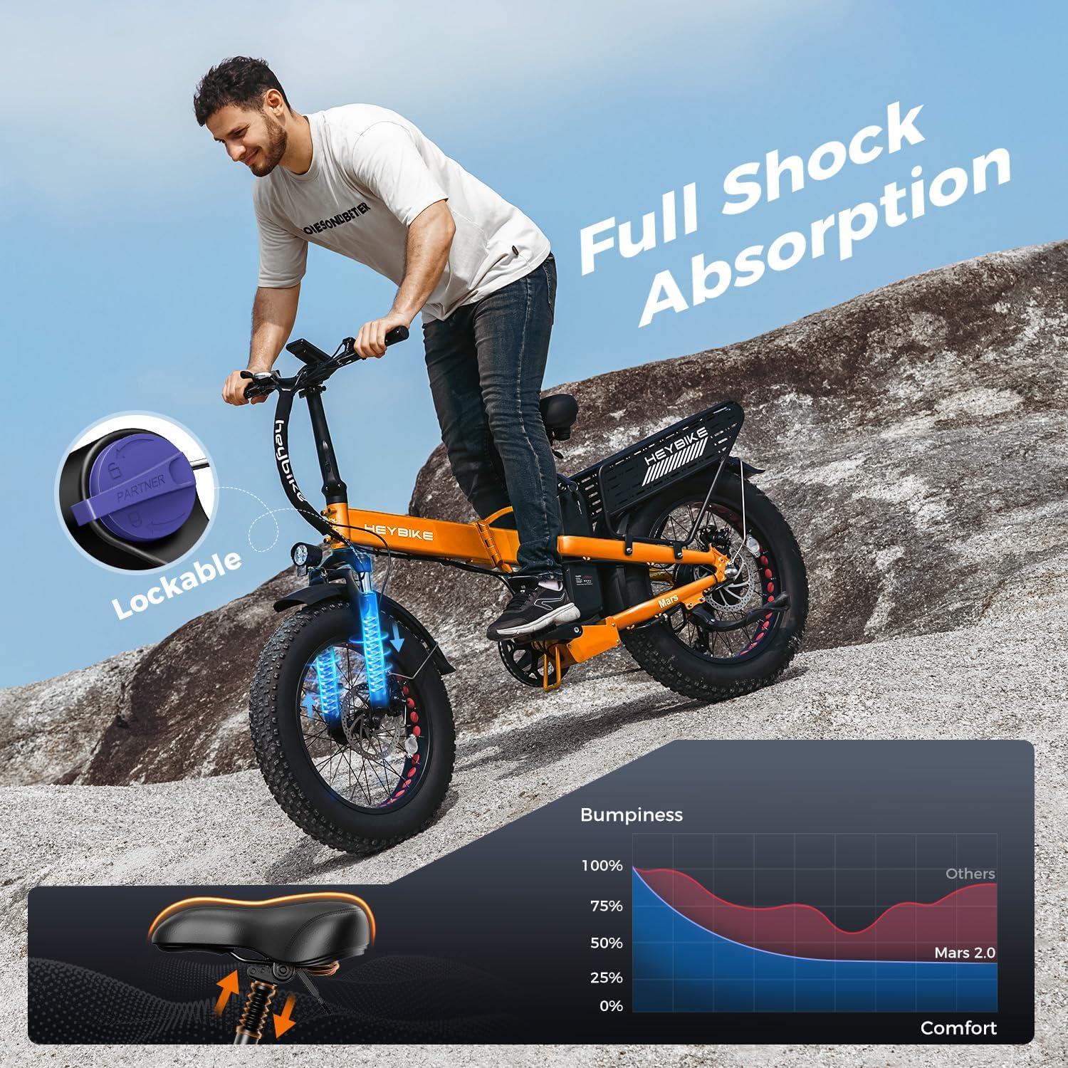 Heybike Mars 2.0/3.0 Foldable Electric Bike, UL2849 Certified, 70+Miles Long Range, 1400W/1800W Peak Motor 32MPH, 624WH Removable Battery, 20″*4 Fat Tire Ebike for Snow, Commute, Full Suspension(Sunset Orange+Front Basket)