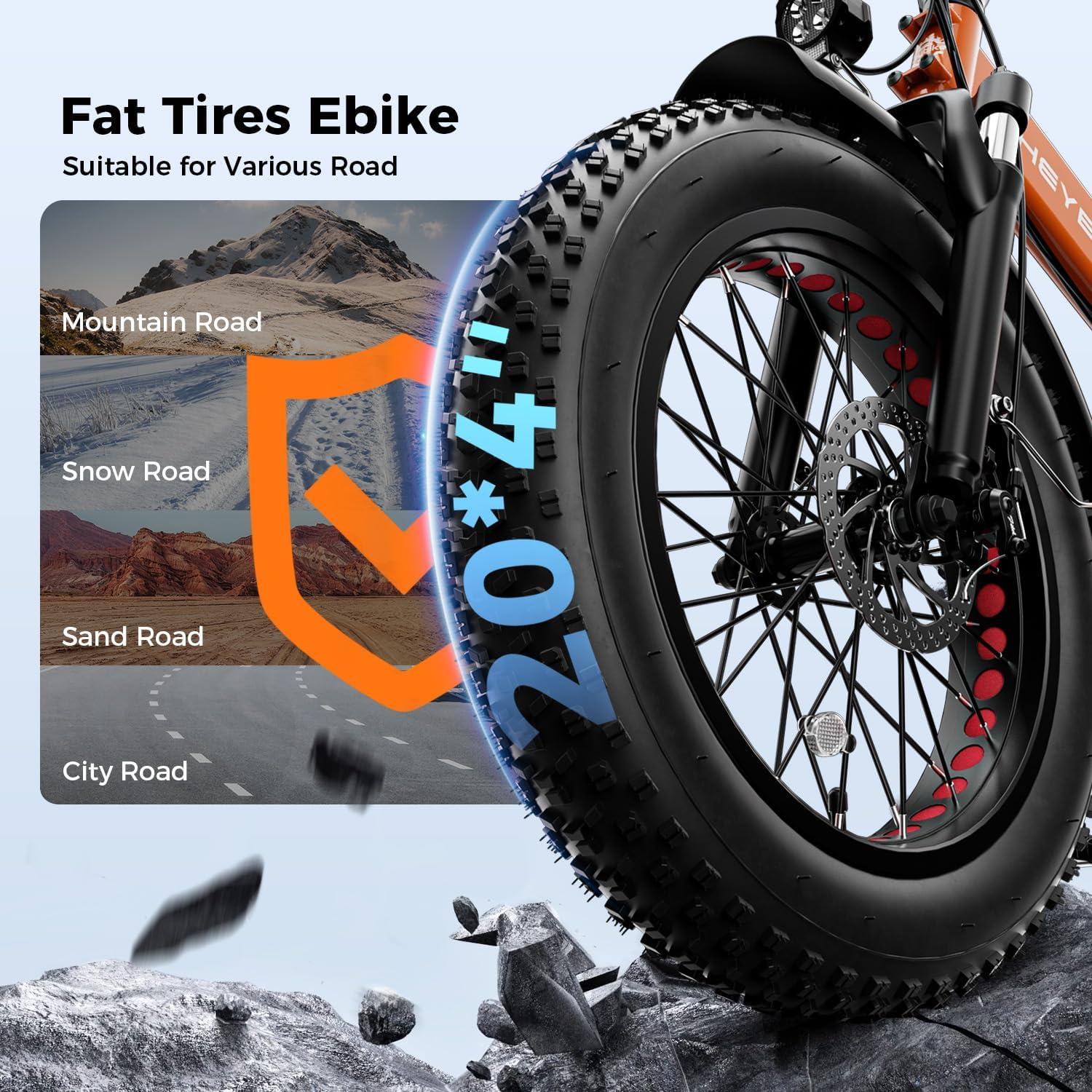 Heybike Mars 2.0/3.0 Foldable Electric Bike, UL2849 Certified, 70+Miles Long Range, 1400W/1800W Peak Motor 32MPH, 624WH Removable Battery, 20″*4 Fat Tire Ebike for Snow, Commute, Full Suspension(Sunset Orange+Front Basket)