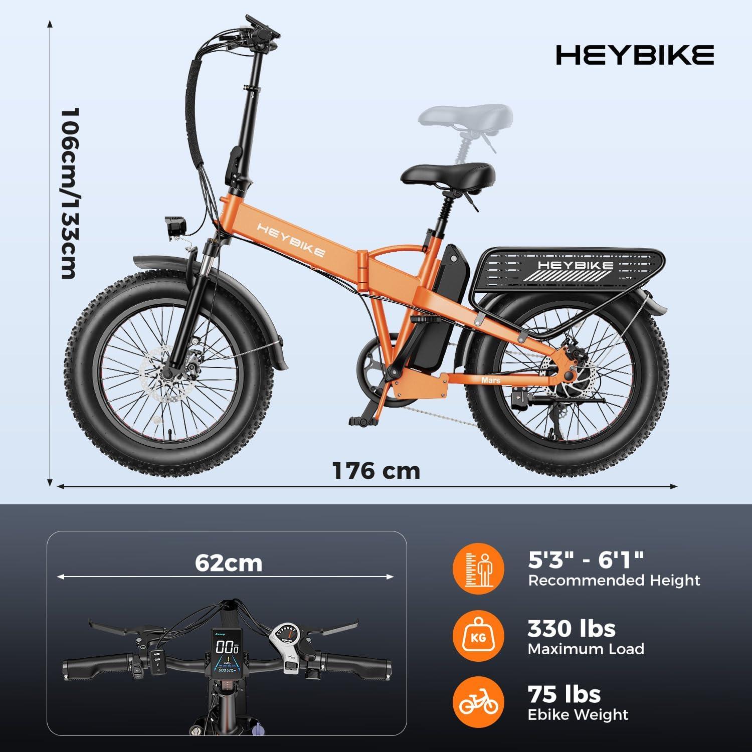 Heybike Mars 2.0/3.0 Foldable Electric Bike, UL2849 Certified, 70+Miles Long Range, 1400W/1800W Peak Motor 32MPH, 624WH Removable Battery, 20″*4 Fat Tire Ebike for Snow, Commute, Full Suspension(Sunset Orange+Front Basket)