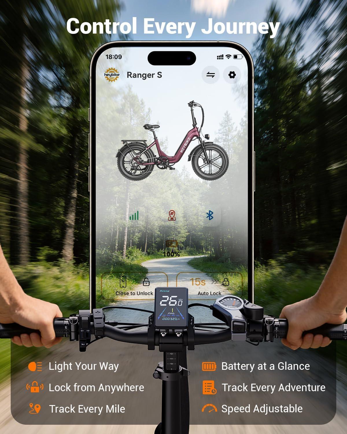 Heybike Ranger 20″x4.0″ Fat Tire Folding Electric Bike for Adults, 1200W/1800W Peak Motor, 28/32MPH, up to 55/90 Miles Range, UL2849 Certified Removable Battery for Commute Beach Mountain Snow E Bike(Red)