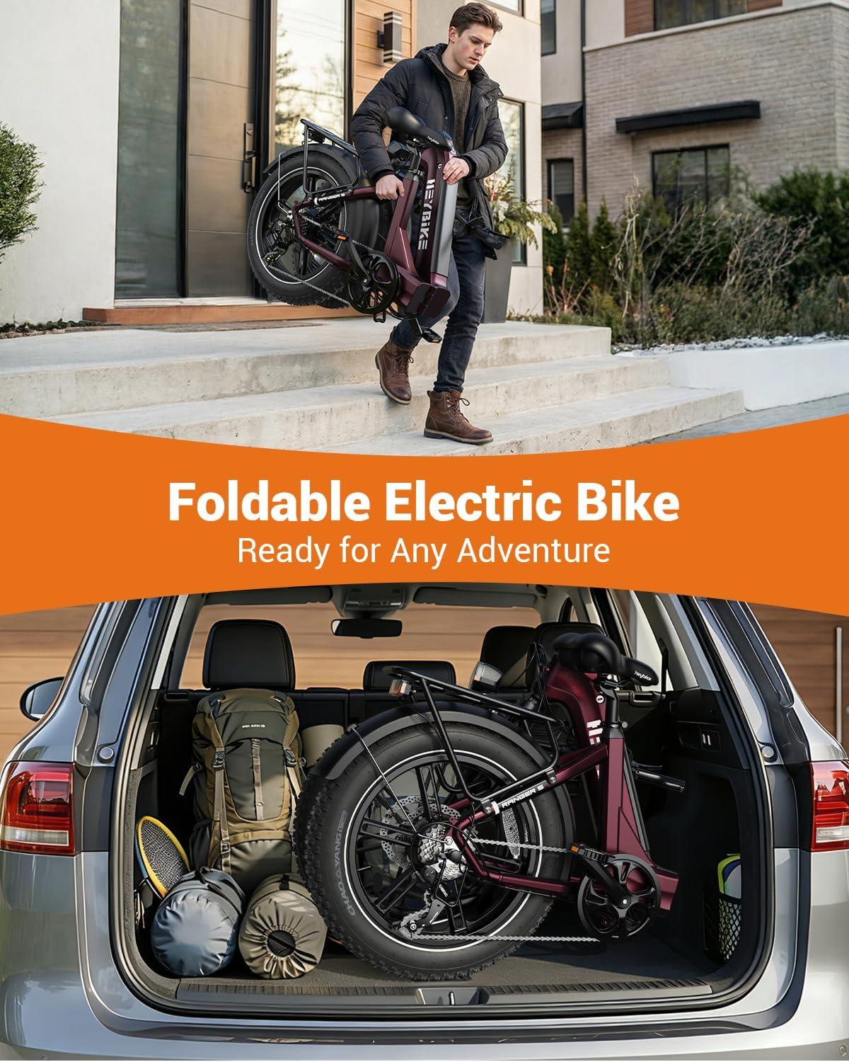 Heybike Ranger 20″x4.0″ Fat Tire Folding Electric Bike for Adults, 1200W/1800W Peak Motor, 28/32MPH, up to 55/90 Miles Range, UL2849 Certified Removable Battery for Commute Beach Mountain Snow E Bike(Red)