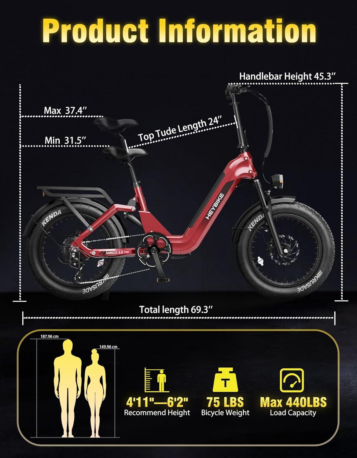 Heybike Ranger 20″x4.0″ Fat Tire Folding Electric Bike for Adults, 1200W/1800W Peak Motor, 28/32MPH, up to 55/90 Miles Range, UL2849 Certified Removable Battery for Commute Beach Mountain Snow E Bike(Cherry Red)
