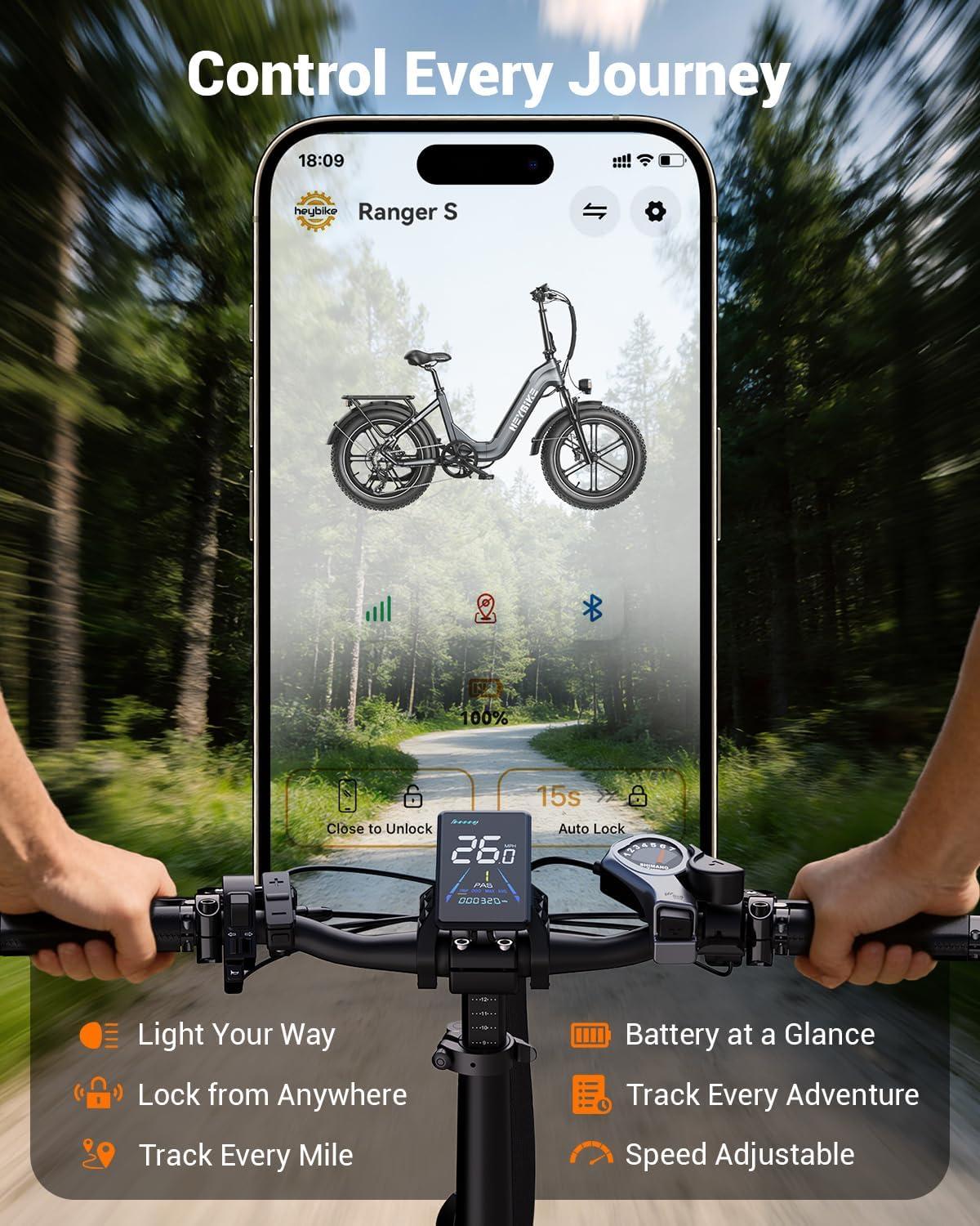 Heybike Ranger 20″x4.0″ Fat Tire Folding Electric Bike for Adults, 1200W/1800W Peak Motor, 28/32MPH, up to 55/90 Miles Range, UL2849 Certified Removable Battery for Commute Beach Mountain Snow E Bike(Gray)