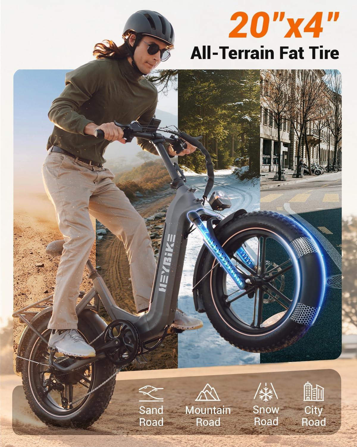 Heybike Ranger 20″x4.0″ Fat Tire Folding Electric Bike for Adults, 1200W/1800W Peak Motor, 28/32MPH, up to 55/90 Miles Range, UL2849 Certified Removable Battery for Commute Beach Mountain Snow E Bike(Gray)