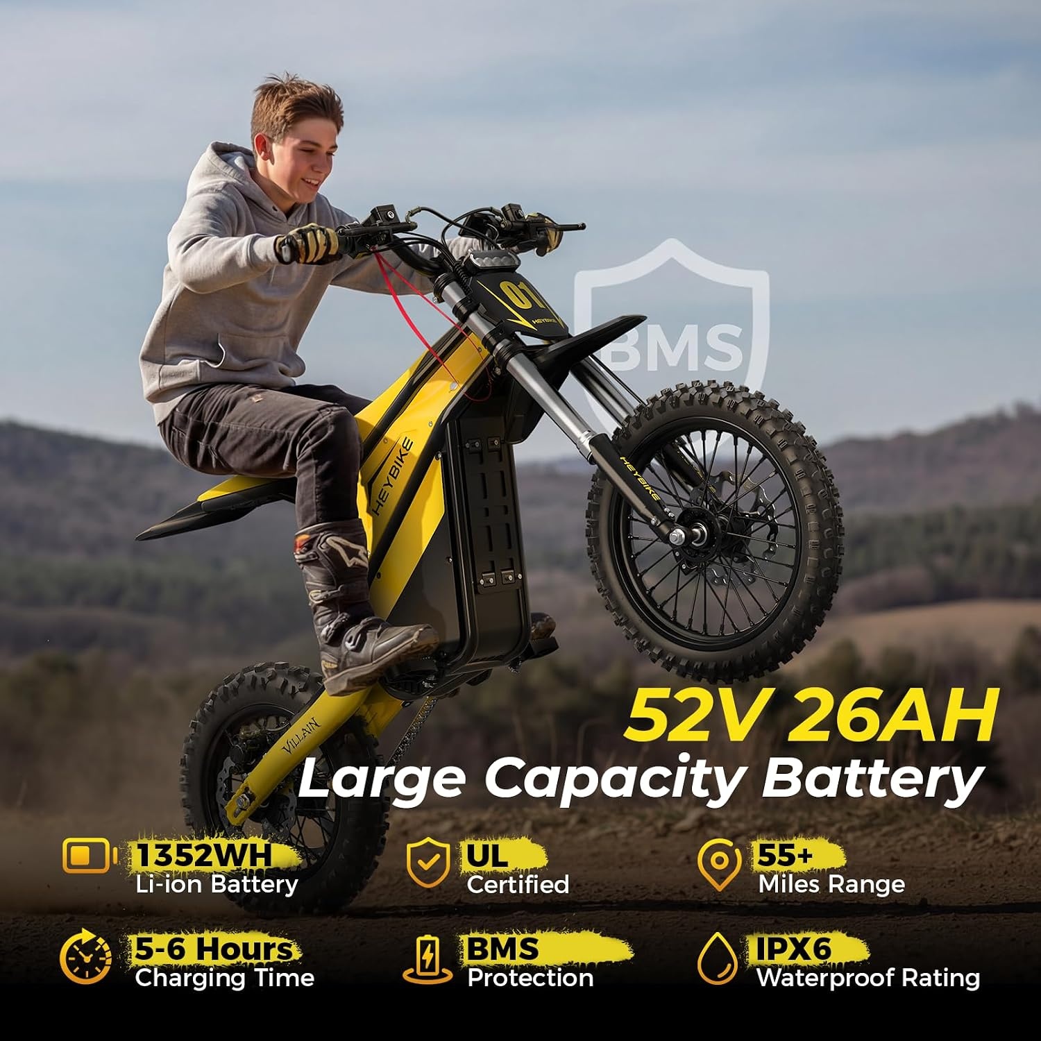 Heybike Villain Electric Dirt Bike with 4160W Motor 1352WH Battery, Up to 50 Miles Range, 14″/12″ Fat Tire Electric Bike with Hydraulic Brakes & Dual Suspension, Off-Road E-Bike(Sunflower Yellow)