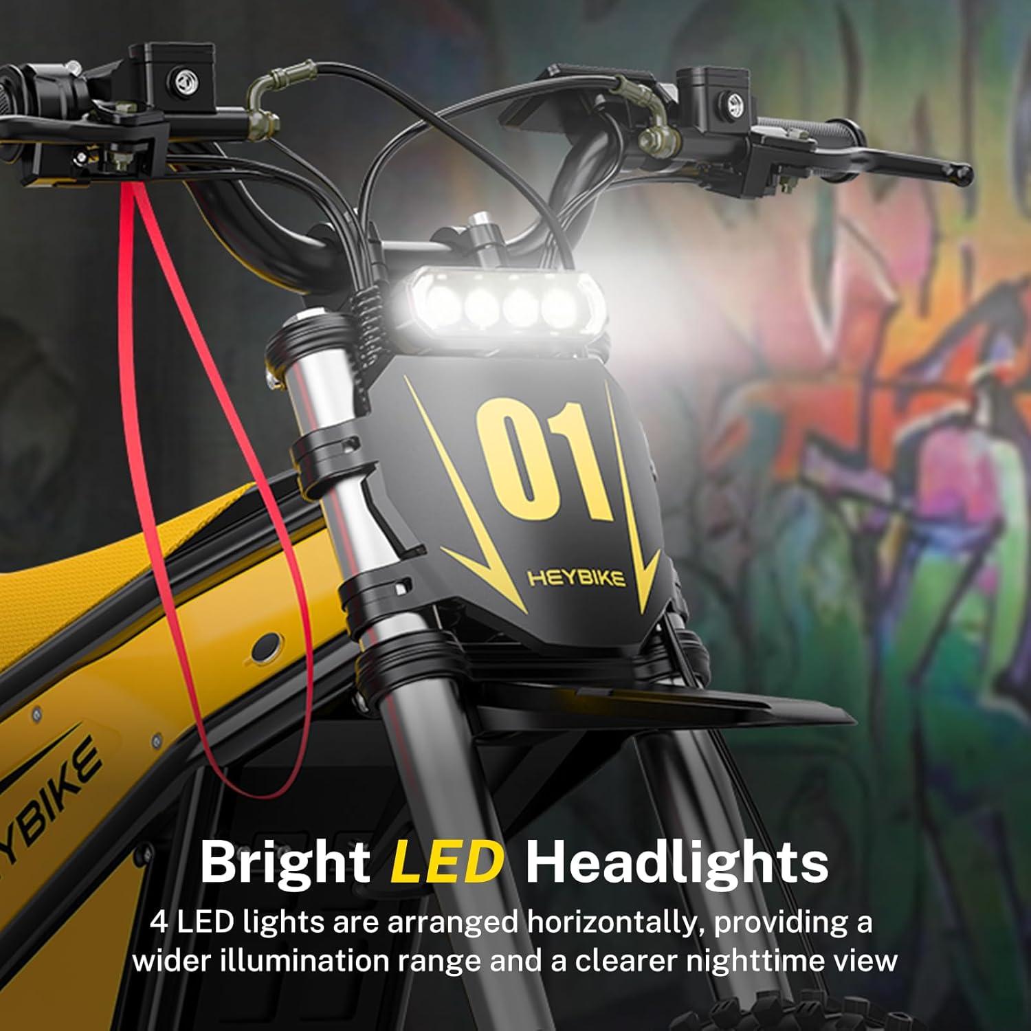 Heybike Villain Electric Dirt Bike, 4160W E Dirt Bike with 52V 26AH Battery, 14″/12″ Fat Tire Electric Motorcycle for Teens, Max 45MPH Ebike with Reversing Function(Dirtbike+Scooter; Yellow&Black)(Butter Yellow)