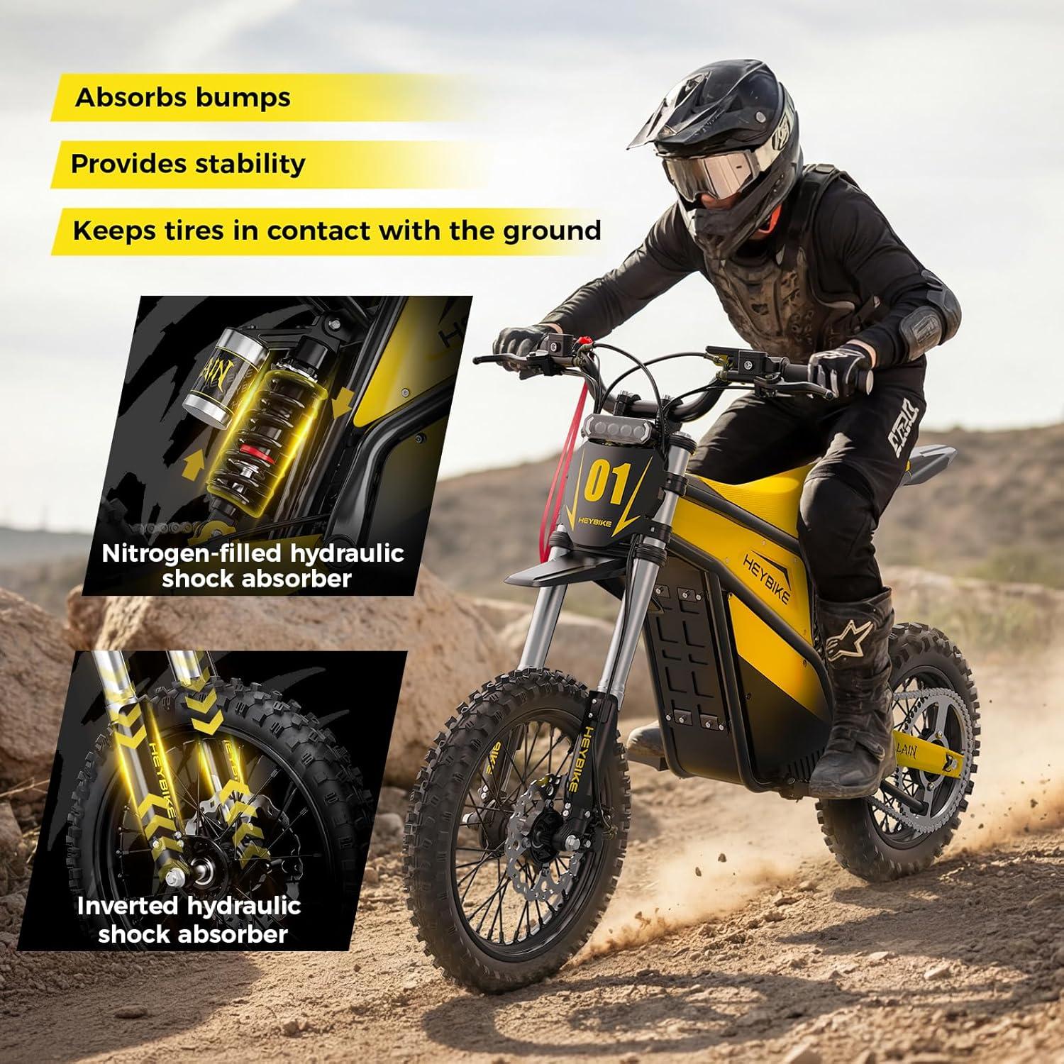 Heybike Villain Electric Dirt Bike, 4160W E Dirt Bike with 52V 26AH Battery, 14″/12″ Fat Tire Electric Motorcycle for Teens, Max 45MPH Ebike with Reversing Function(Dirtbike+Scooter; Yellow&Black)(Butter Yellow)