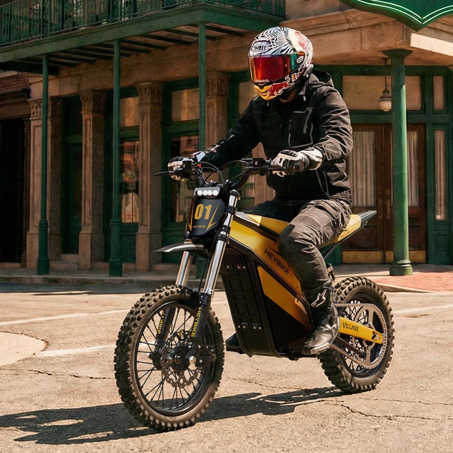 Heybike Villain Electric Dirt Bike, 4160W E Dirt Bike with 52V 26AH Battery, 14″/12″ Fat Tire Electric Motorcycle for Teens, Max 45MPH Ebike with Reversing Function(Dirtbike+Scooter; Yellow&Black)(Butter Yellow)