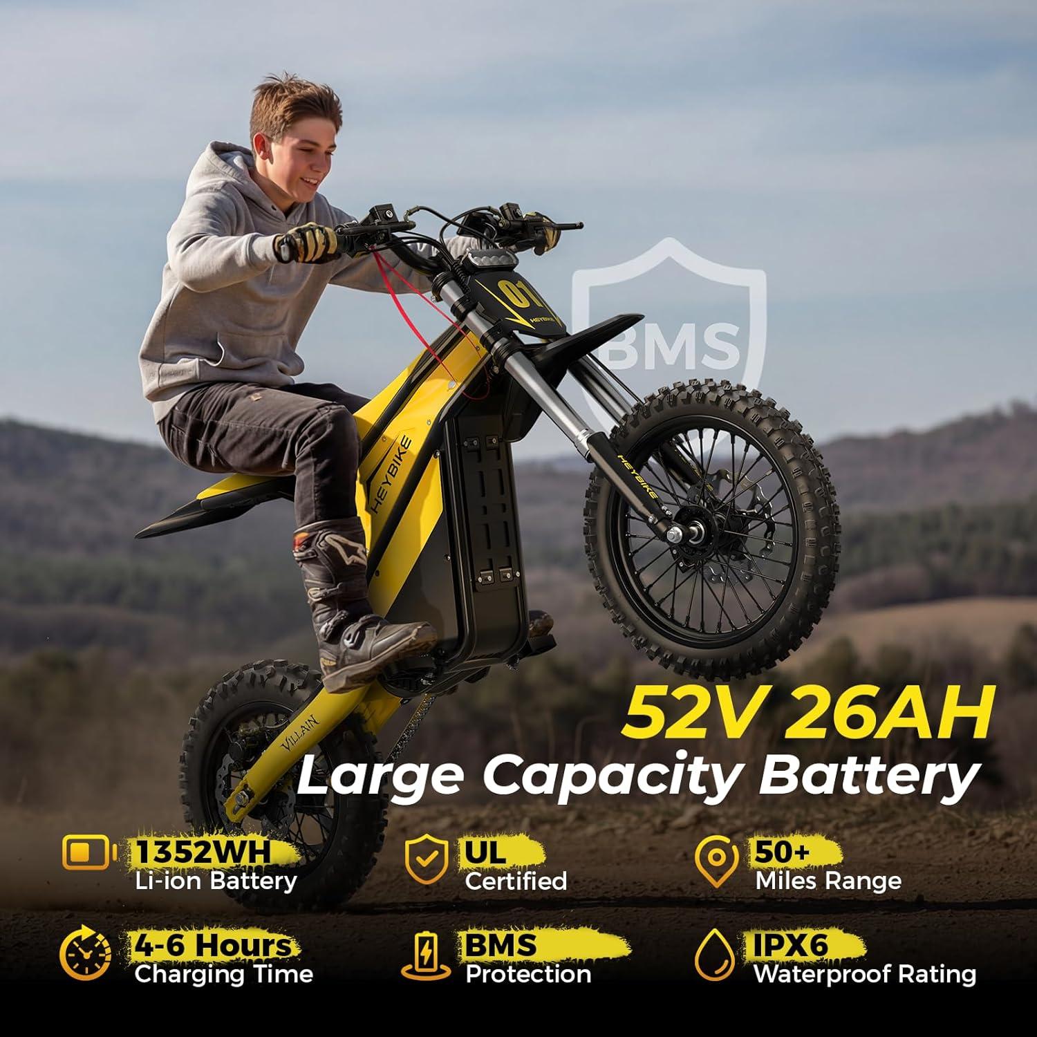 Heybike Villain Electric Dirt Bike, 4160W E Dirt Bike with 52V 26AH Battery, 14″/12″ Fat Tire Electric Motorcycle for Teens, Max 45MPH Ebike with Reversing Function(Dirtbike+Scooter; Yellow&Black)(Lemon Yellow)