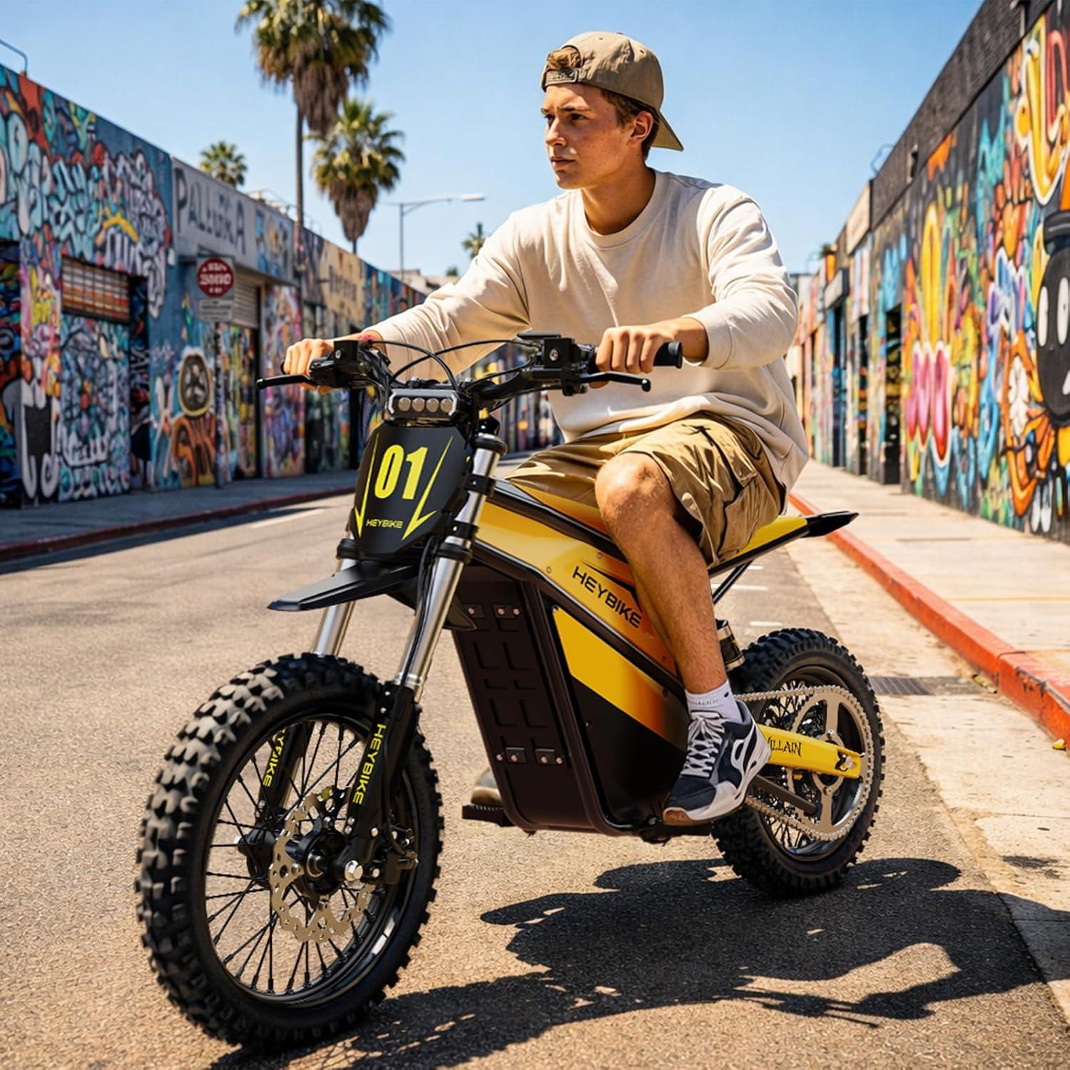 Heybike Villain Electric Dirt Bike, 4160W E Dirt Bike with 52V 26AH Battery, 14″/12″ Fat Tire Electric Motorcycle for Teens, Max 45MPH Ebike with Reversing Function(Dirtbike+Scooter; Yellow&Black)(Lemon Yellow)