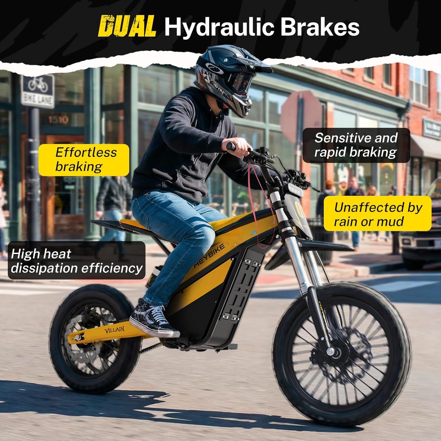 Heybike Villain Electric Dirt Bike, 4160W E Dirt Bike with 52V 26AH Battery, 14″/12″ Fat Tire Electric Motorcycle for Teens, Max 45MPH Ebike with Reversing Function(Dirtbike+Scooter; Yellow&Black)(Yellow)