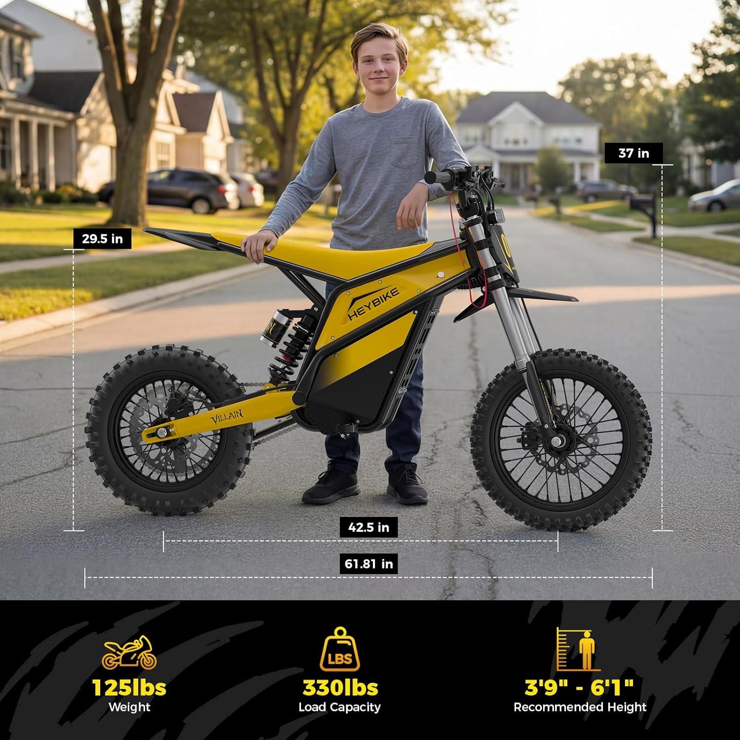 Heybike Villain Electric Dirt Bike, 4160W E Dirt Bike with 52V 26AH Battery, 14″/12″ Fat Tire Electric Motorcycle for Teens, Max 45MPH Ebike with Reversing Function(Dirtbike+Scooter; Yellow&Black)(Yellow)