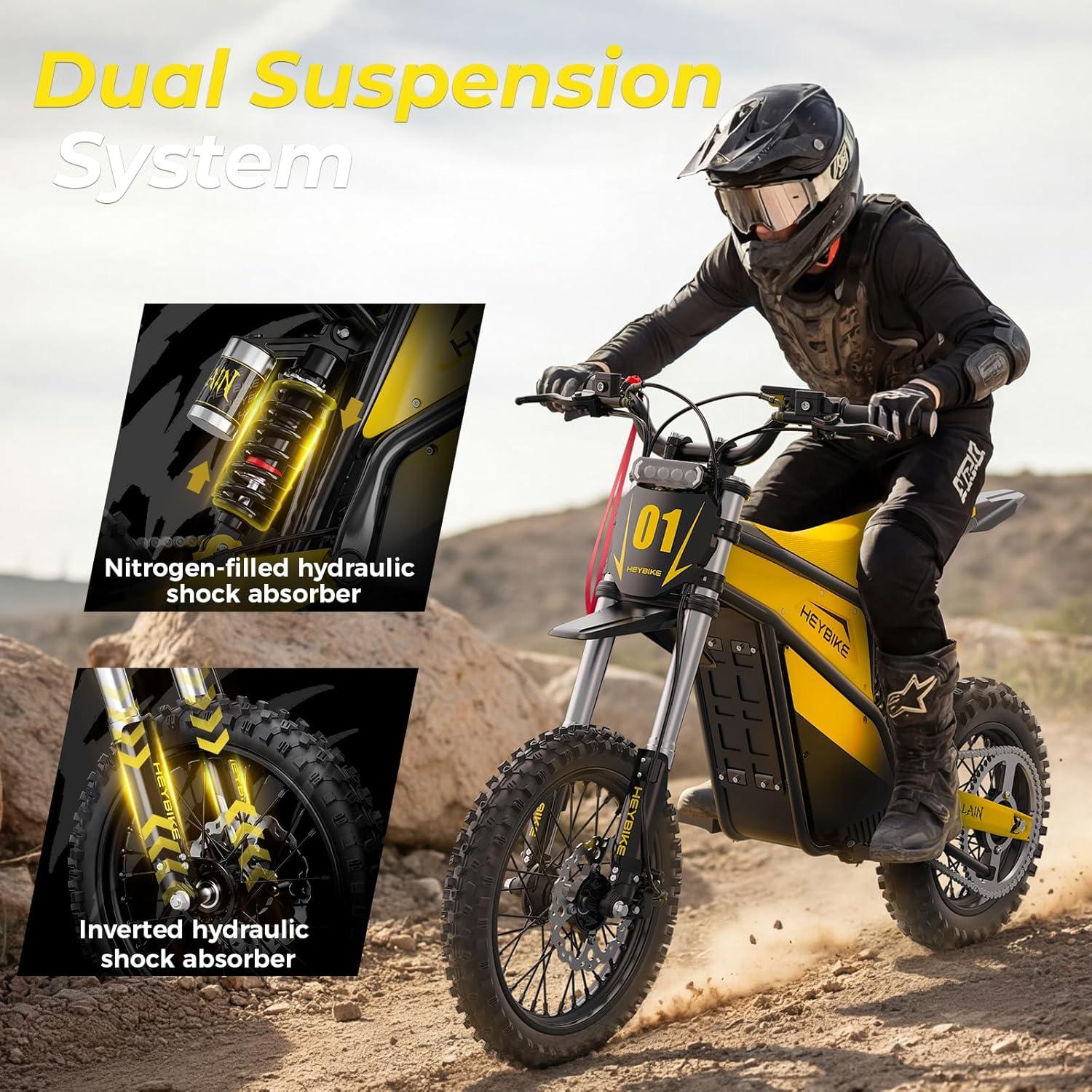 Heybike Villain Electric Dirt Bike, 4160W E Dirt Bike with 52V 26AH Battery, 14″/12″ Fat Tire Electric Motorcycle for Teens, Max 45MPH Ebike with Reversing Function(Dirtbike+Scooter; Yellow&Black)(Yellow)