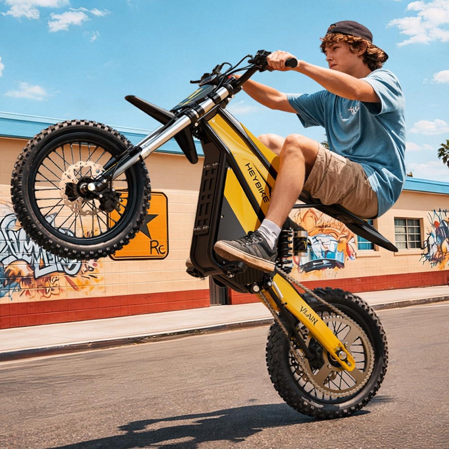 Heybike Villain Electric Dirt Bike, 4160W E Dirt Bike with 52V 26AH Battery, 14″/12″ Fat Tire Electric Motorcycle for Teens, Max 45MPH Ebike with Reversing Function(Dirtbike+Scooter; Yellow&Black)(Yellow)