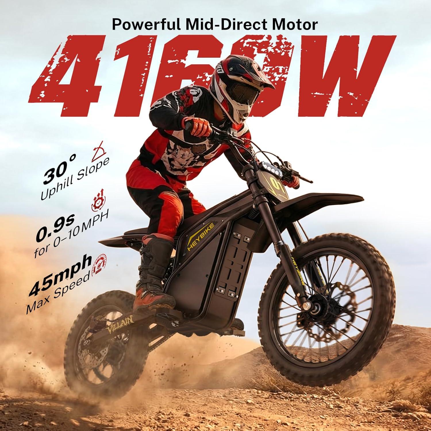 Heybike Villain Electric Dirt Bike, 4160W E Dirt Bike with 52V 26AH Battery, 14″/12″ Fat Tire Electric Motorcycle for Teens, Max 45MPH Ebike with Reversing Function(Dirtbike+Scooter; Yellow&Black)(Black*2)