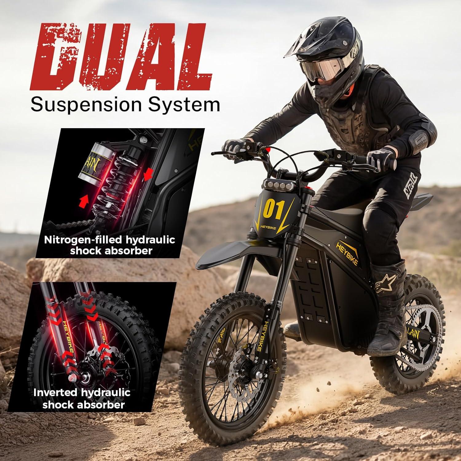 Heybike Villain Electric Dirt Bike, 4160W E Dirt Bike with 52V 26AH Battery, 14″/12″ Fat Tire Electric Motorcycle for Teens, Max 45MPH Ebike with Reversing Function(Dirtbike+Scooter; Yellow&Black)(Black*2)