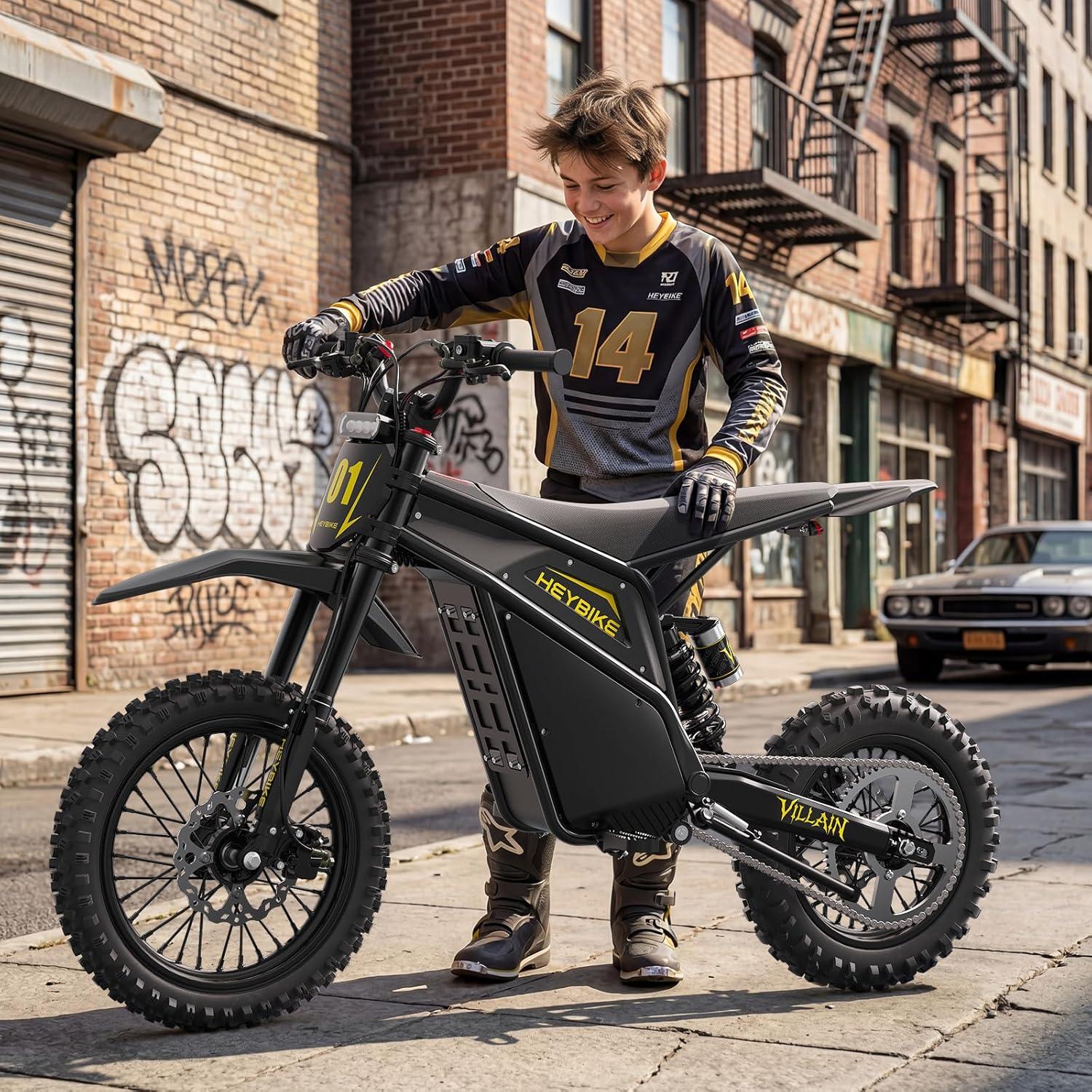 Heybike Villain Electric Dirt Bike, 4160W E Dirt Bike with 52V 26AH Battery, 14″/12″ Fat Tire Electric Motorcycle for Teens, Max 45MPH Ebike with Reversing Function(Dirtbike+Scooter; Yellow&Black)(Black*2)