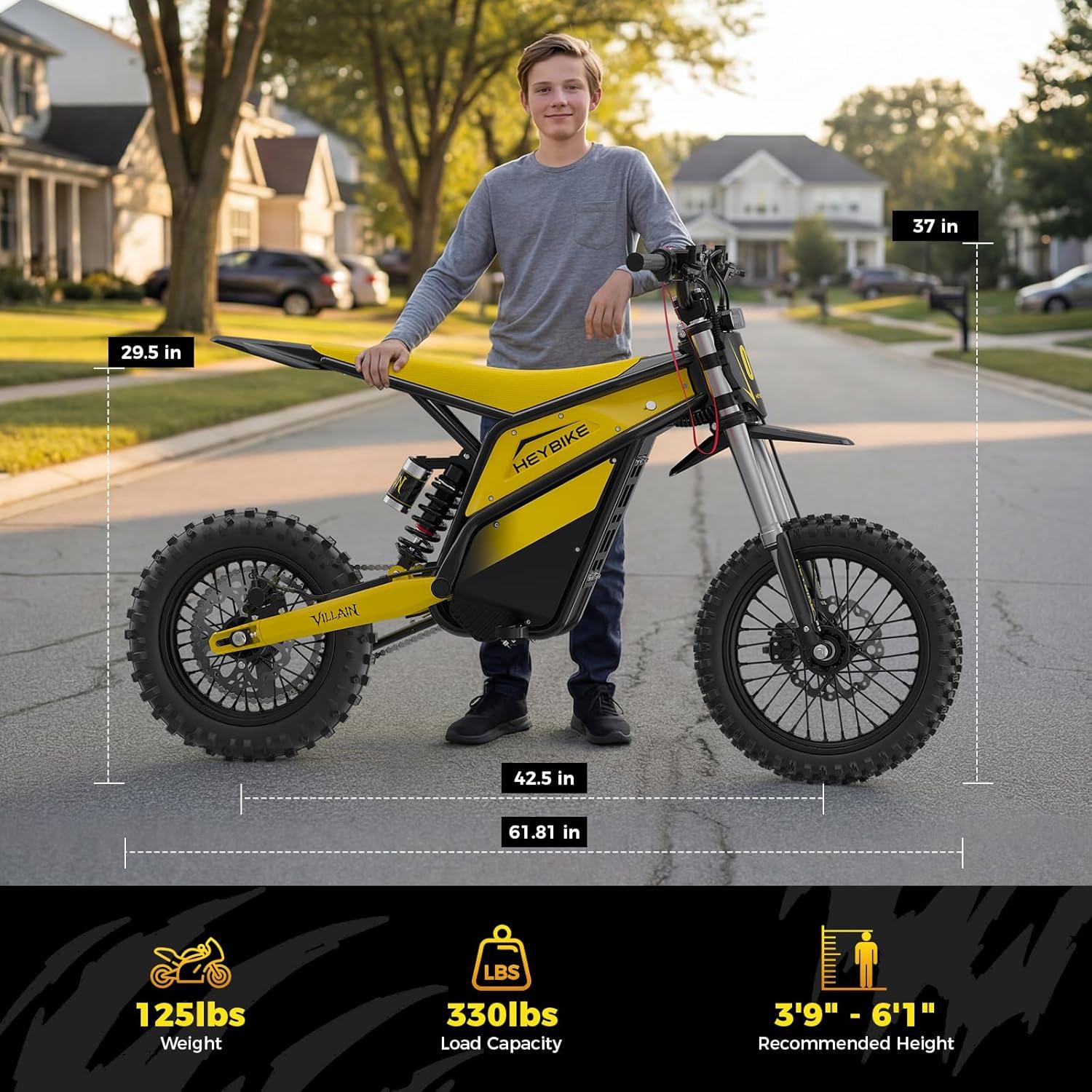 Heybike Villain Electric Dirt Bike, 4160W E Dirt Bike with 52V 26AH Battery, 14″/12″ Fat Tire Electric Motorcycle for Teens, Max 45MPH Ebike with Reversing Function(Dirtbike+Scooter; Yellow&Black)(Sunflower Yellow)