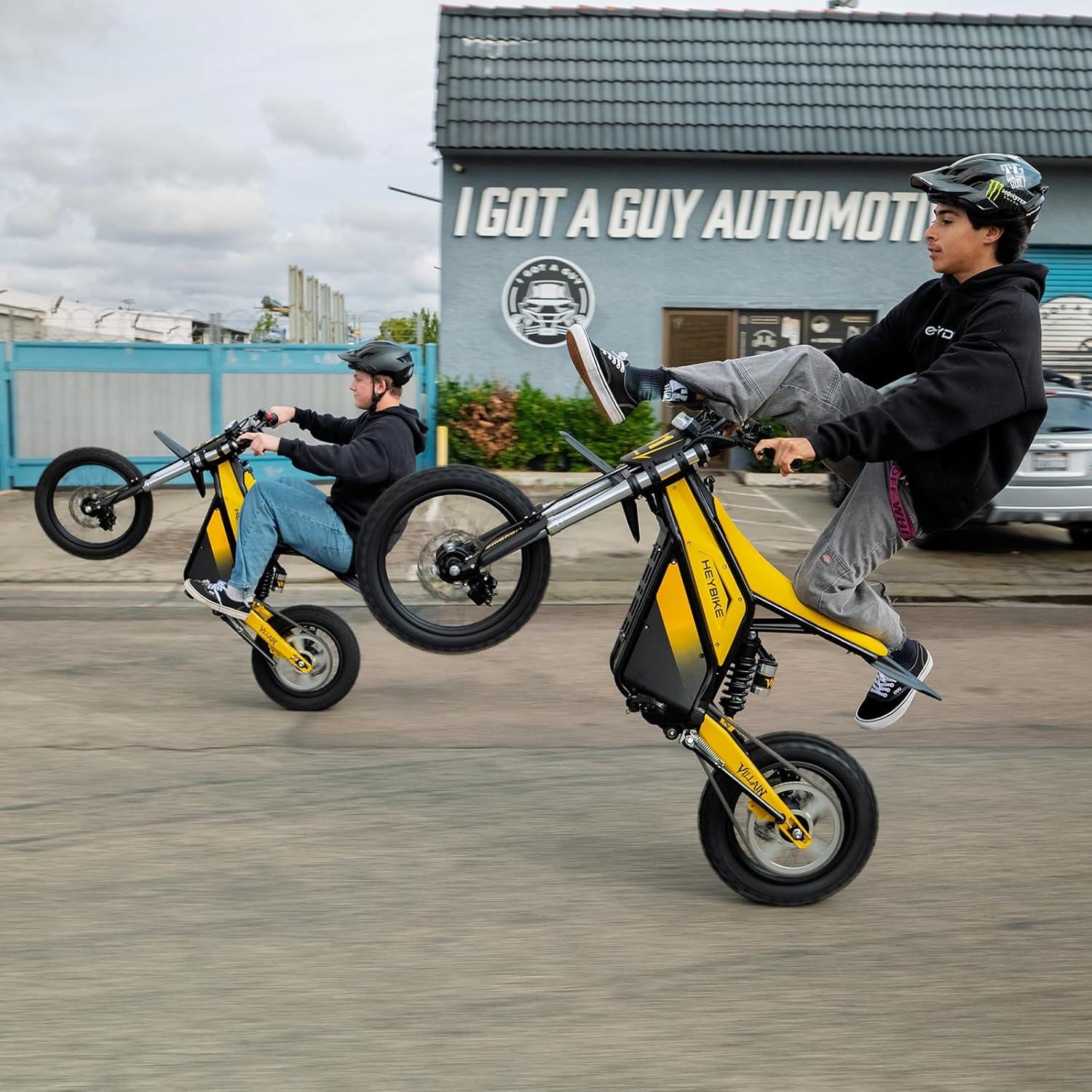 Heybike Villain Electric Dirt Bike, 4160W E Dirt Bike with 52V 26AH Battery, 14″/12″ Fat Tire Electric Motorcycle for Teens, Max 45MPH Ebike with Reversing Function(Dirtbike+Scooter; Yellow&Black)(Sunflower Yellow)