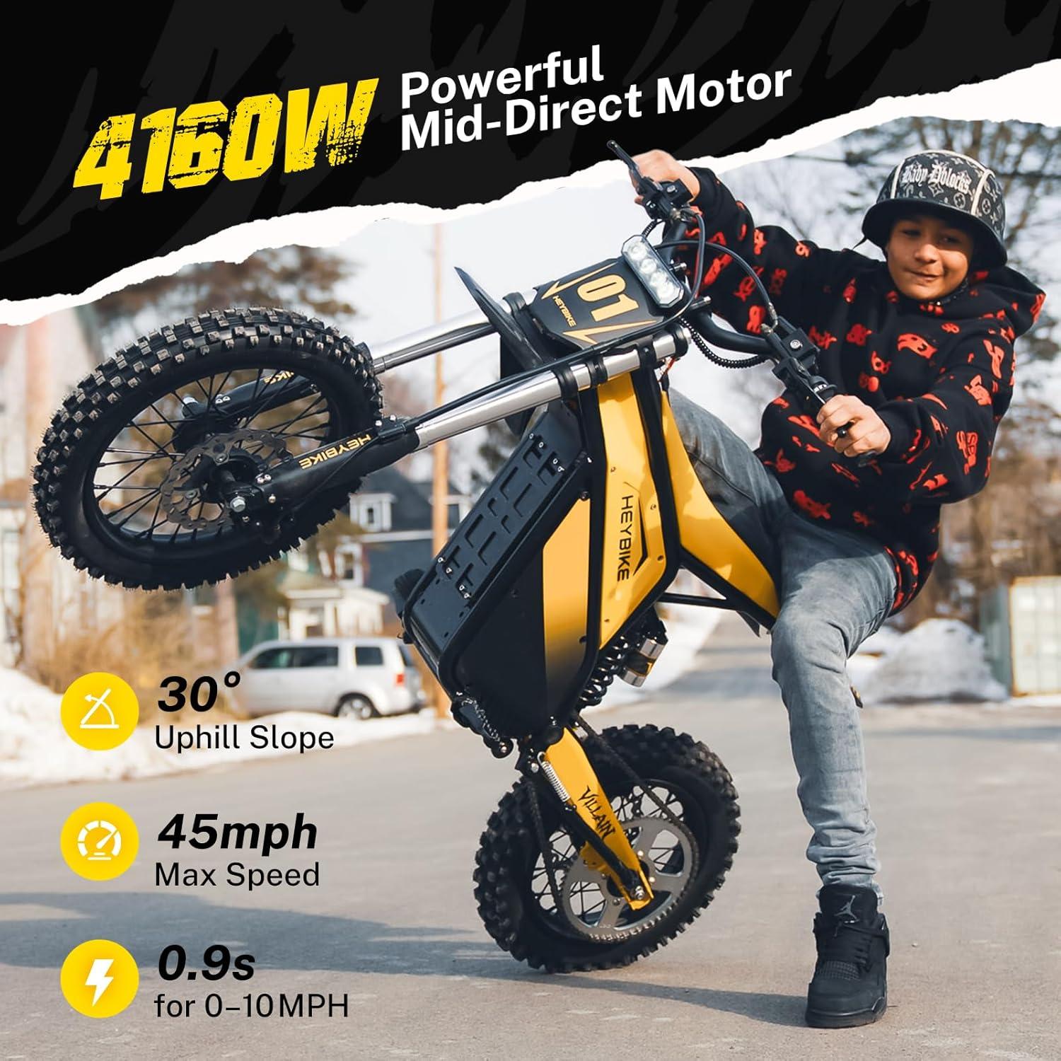 Heybike Villain Electric Dirt Bike, 4160W E Dirt Bike with 52V 26AH Battery, 14″/12″ Fat Tire Electric Motorcycle for Teens, Max 45MPH Ebike with Reversing Function(Dirtbike+Scooter; Yellow&Black)(Yellow*2)