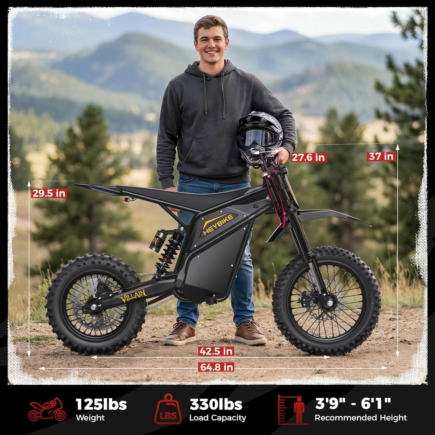 Heybike Villain Electric Dirt Bike, 4160W E Dirt Bike with 52V 26AH Battery, 14″/12″ Fat Tire Electric Motorcycle for Teens, Max 45MPH Ebike with Reversing Function(Dirtbike+Scooter; Yellow&Black)(Inky Black)