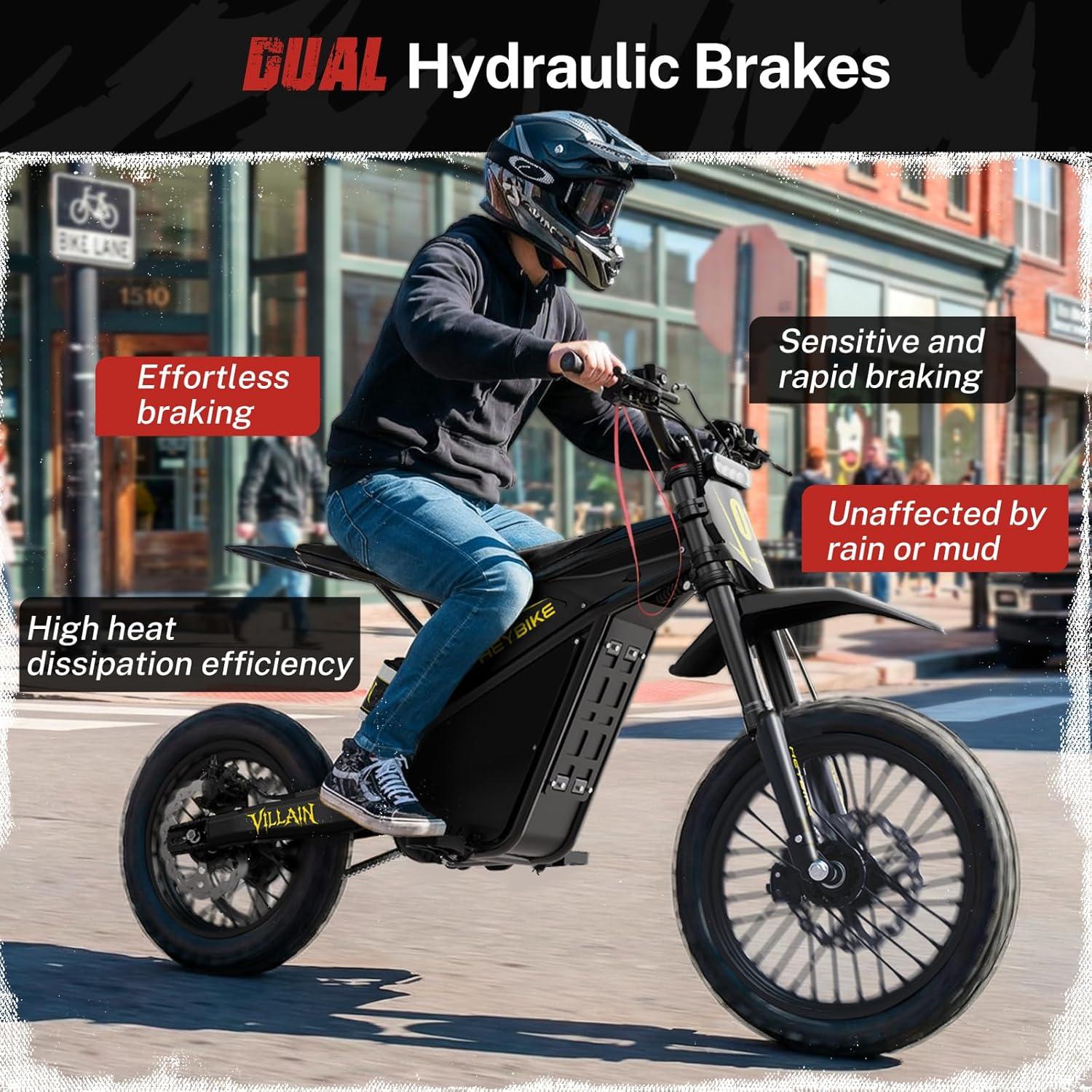 Heybike Villain Electric Dirt Bike, 4160W E Dirt Bike with 52V 26AH Battery, 14″/12″ Fat Tire Electric Motorcycle for Teens, Max 45MPH Ebike with Reversing Function(Dirtbike+Scooter; Yellow&Black)(Inky Black)
