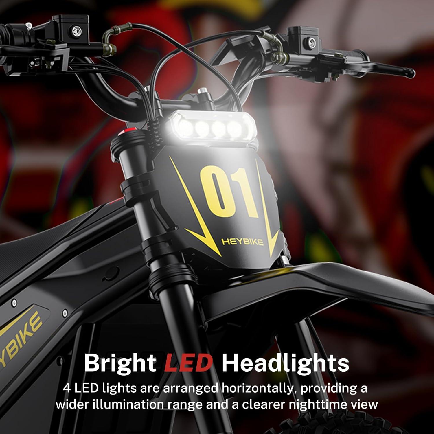 Heybike Villain Electric Dirt Bike, 4160W E Dirt Bike with 52V 26AH Battery, 14″/12″ Fat Tire Electric Motorcycle for Teens, Max 45MPH Ebike with Reversing Function(Dirtbike+Scooter; Yellow&Black)(Inky Black)