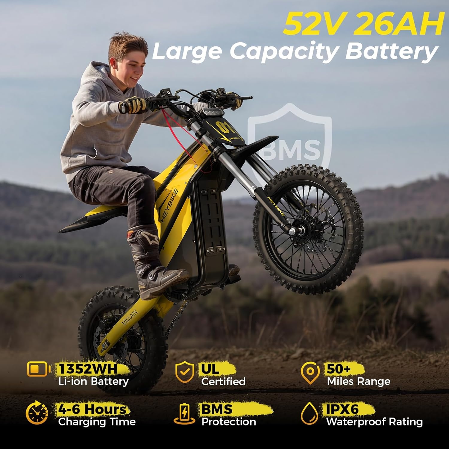 Heybike Villain Electric Dirt Bike with 4160W Motor 1352WH Battery, Up to 50 Miles Range, 14″/12″ Fat Tire Electric Bike with Hydraulic Brakes & Dual Suspension, Off-Road E-Bike(Butter Yellow)