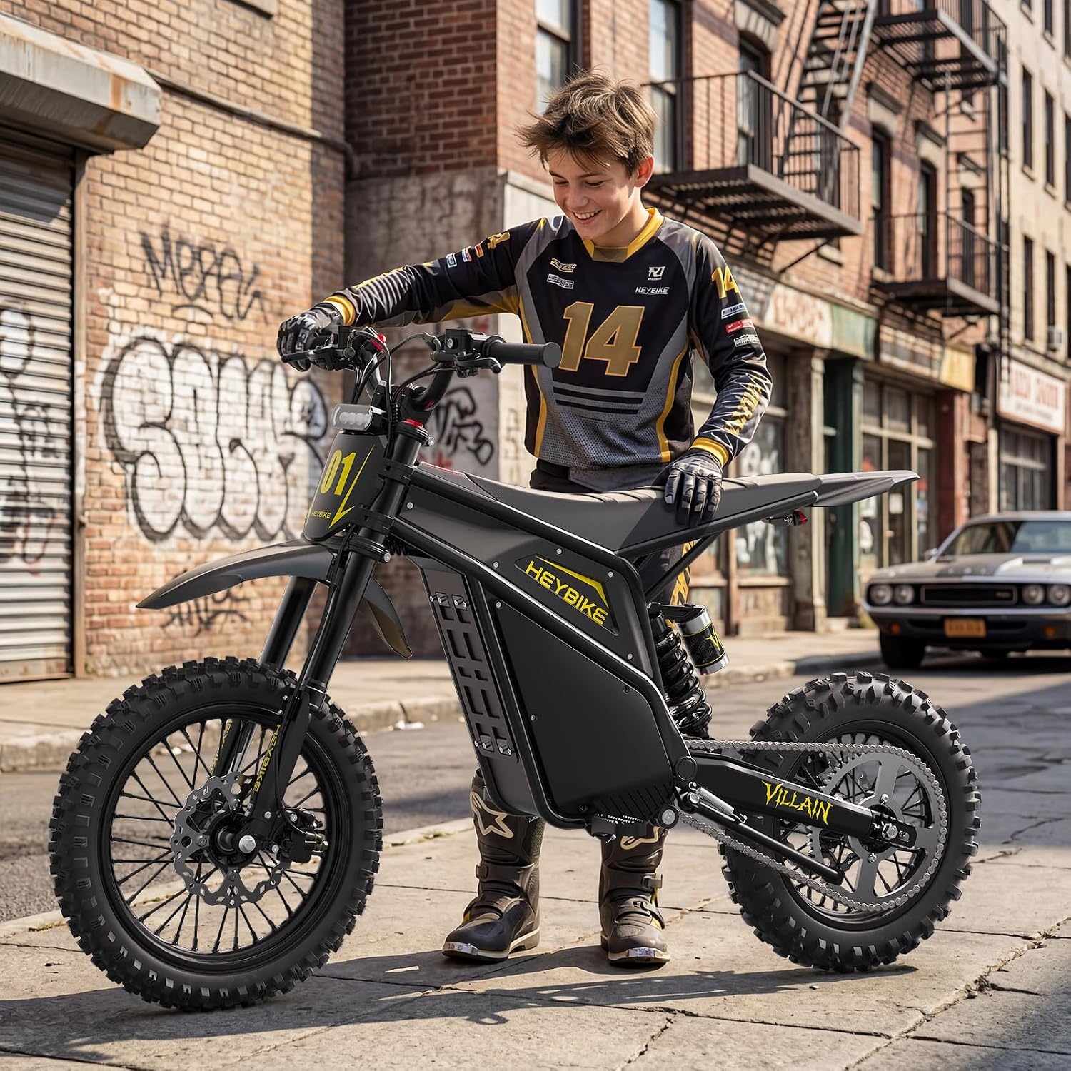 Heybike Villain Electric Dirt Bike with 4160W Motor 1352WH Battery, Up to 50 Miles Range, 14″/12″ Fat Tire Electric Bike with Hydraulic Brakes & Dual Suspension, Off-Road E-Bike(Jet Black)
