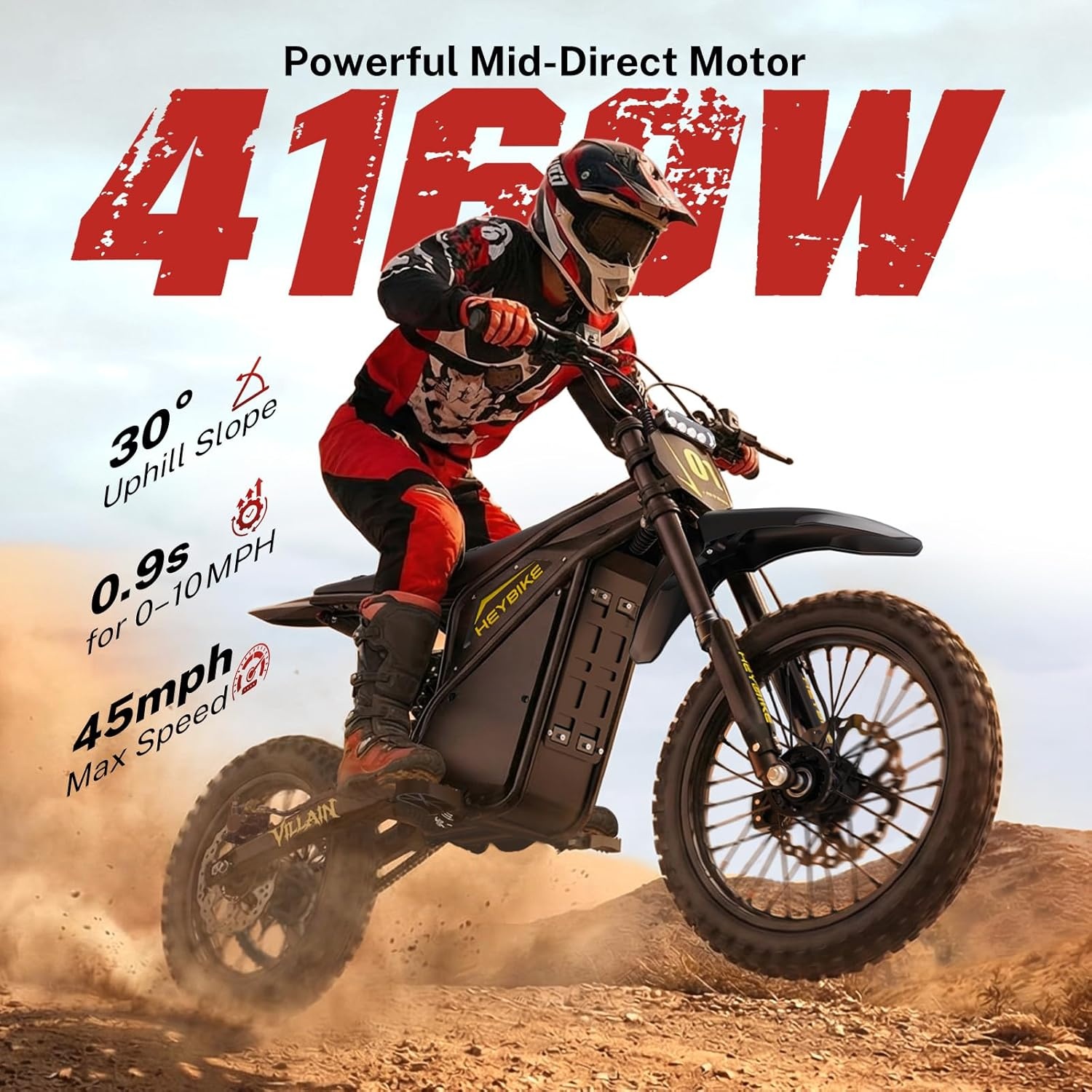 Heybike Villain Electric Dirt Bike with 4160W Motor 1352WH Battery, Up to 50 Miles Range, 14″/12″ Fat Tire Electric Bike with Hydraulic Brakes & Dual Suspension, Off-Road E-Bike(Jet Black)