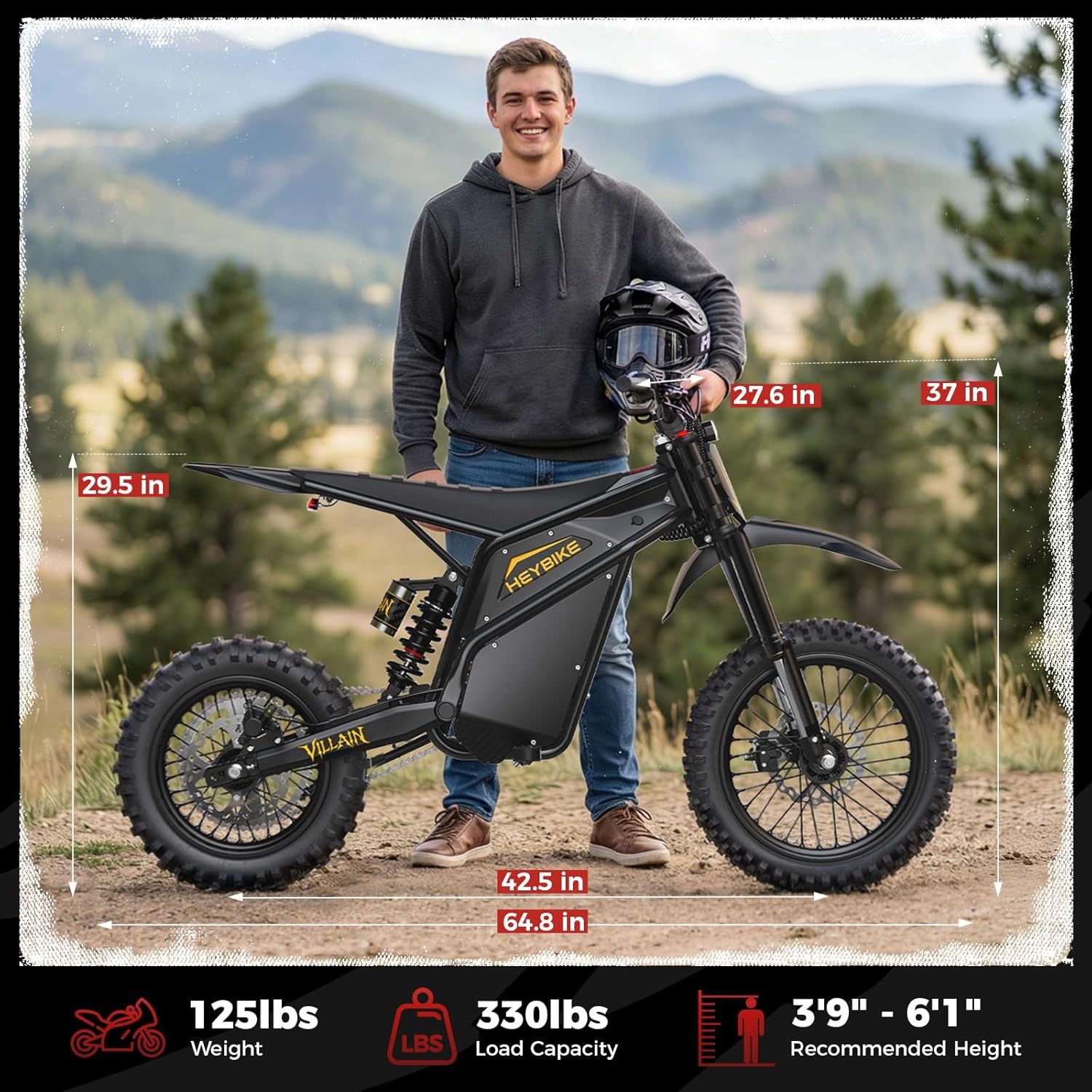 Heybike Villain Electric Dirt Bike with 4160W Motor 1352WH Battery, Up to 50 Miles Range, 14″/12″ Fat Tire Electric Bike with Hydraulic Brakes & Dual Suspension, Off-Road E-Bike(Jet Black)