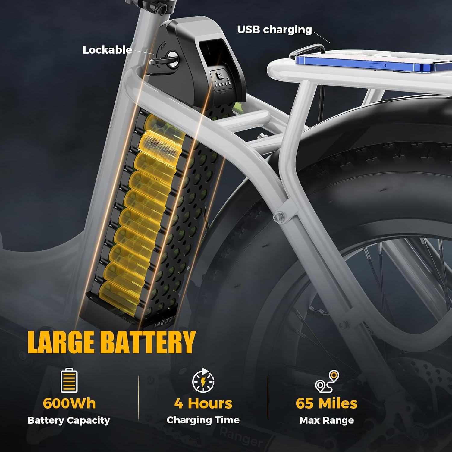 Heybike Ranger Battery for Ranger 2.0, 48V 12.5AH Lithium-Ion Battery, Removable and Rechargeable (Not Suitable Ranger S Model)