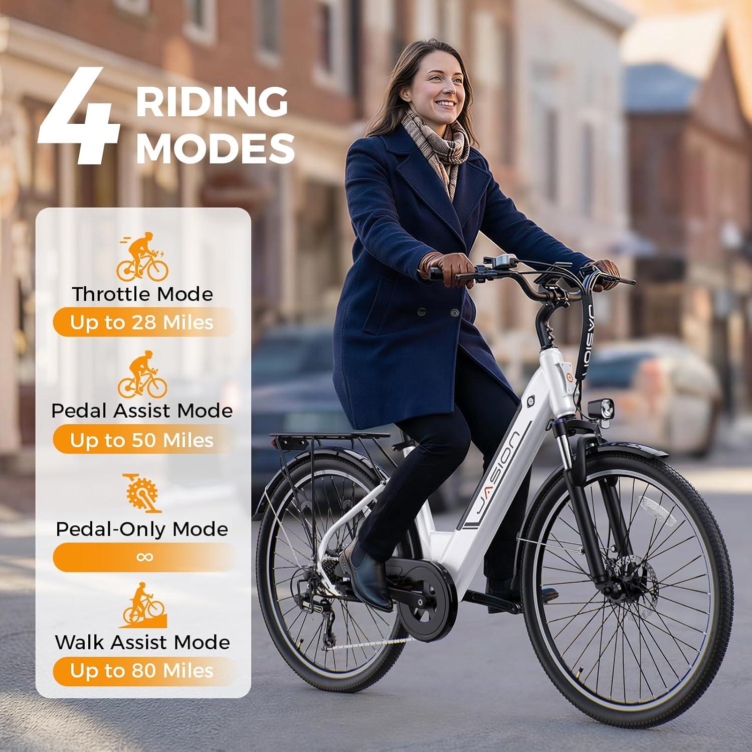 Jasion Roamer/ST/YC1 Electric Bike for Adults, 26″ Commuter Ebike 1200W 528WH/375WH Removable Battery, 28MPH 40-62miles, Electric Bicycles for Women/Man, UL2849 Certified(Matte White)