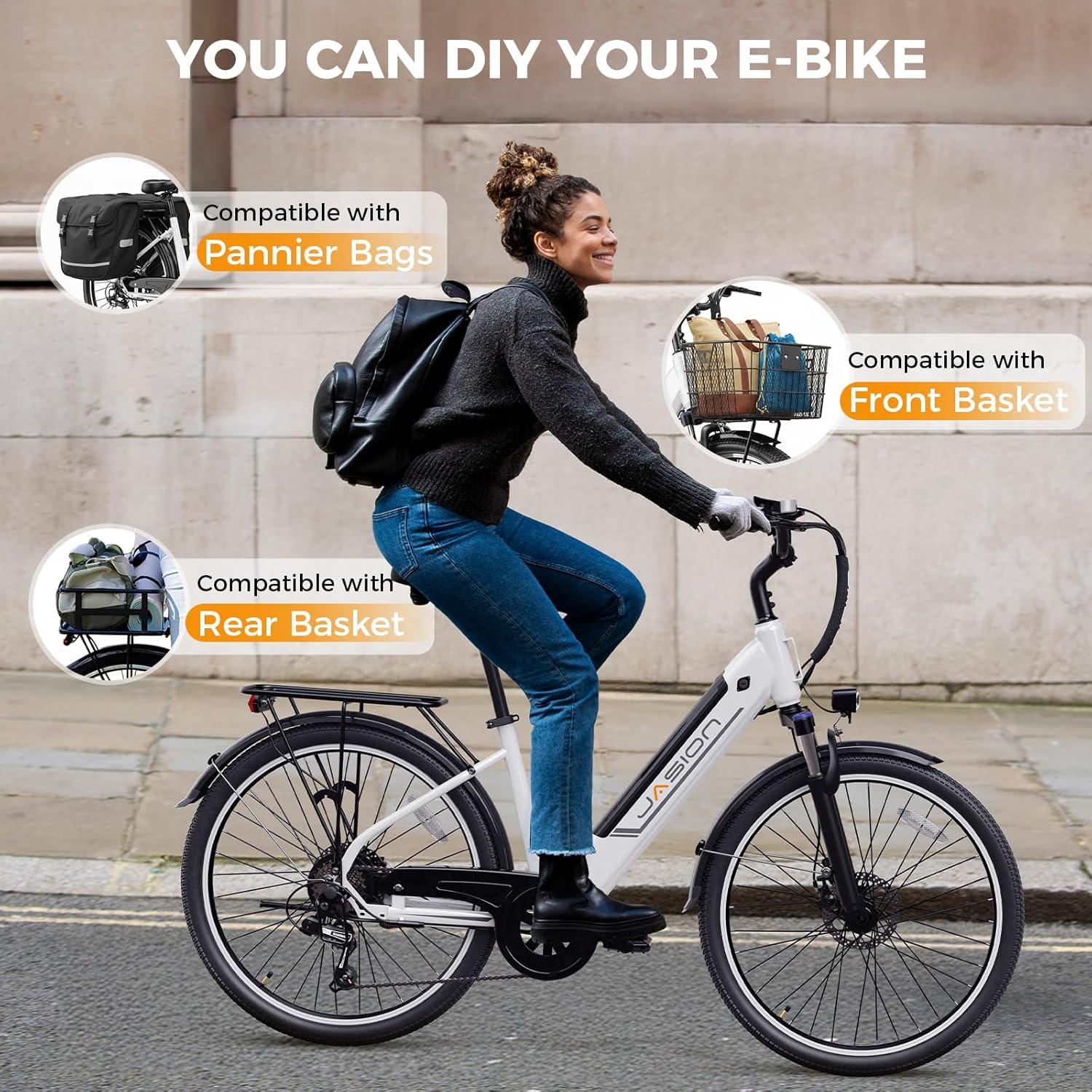 Jasion Roamer/ST/YC1 Electric Bike for Adults, 26″ Commuter Ebike 1200W 528WH/375WH Removable Battery, 28MPH 40-62miles, Electric Bicycles for Women/Man, UL2849 Certified(Matte White)