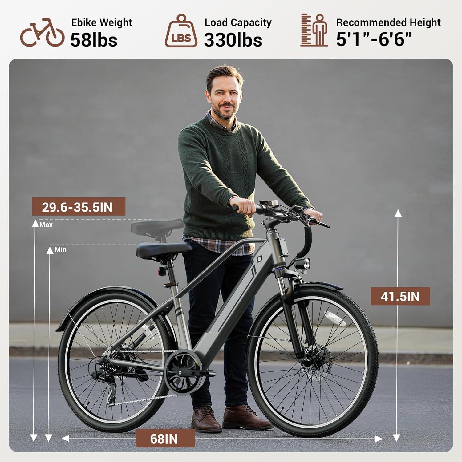 Jasion Roamer/ST/YC1 Electric Bike for Adults, 26″ Commuter Ebike 1200W 528WH/375WH Removable Battery, 28MPH 40-62miles, Electric Bicycles for Women/Man, UL2849 Certified(Gray)