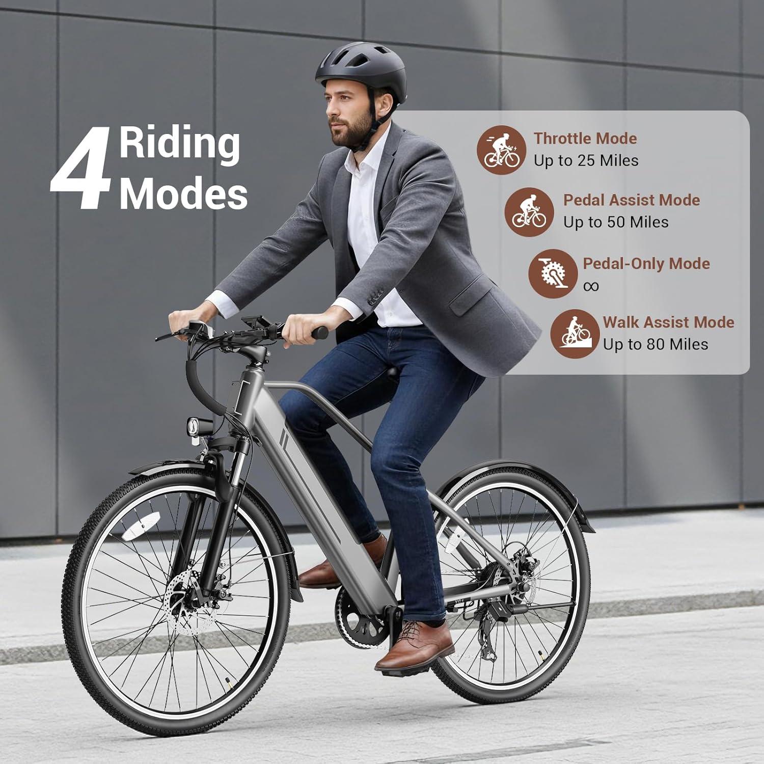 Jasion Roamer/ST/YC1 Electric Bike for Adults, 26″ Commuter Ebike 1200W 528WH/375WH Removable Battery, 28MPH 40-62miles, Electric Bicycles for Women/Man, UL2849 Certified(Gray)