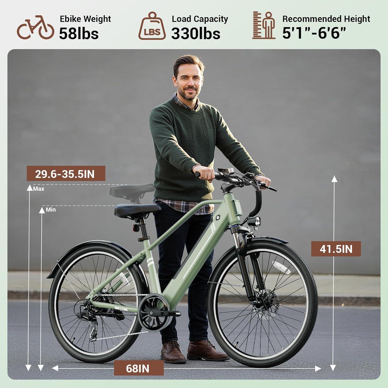 Jasion Roamer/ST/YC1 Electric Bike for Adults, 26″ Commuter Ebike 1200W 528WH/375WH Removable Battery, 28MPH 40-62miles, Electric Bicycles for Women/Man, UL2849 Certified(Moss Green)